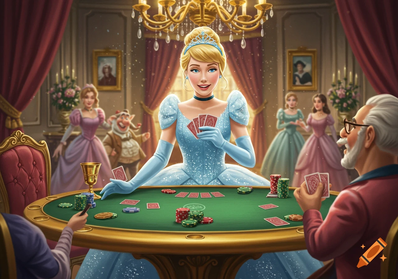 Cinderella smiles while playing poker at a grand table in an ornate room, surrounded by other characters.