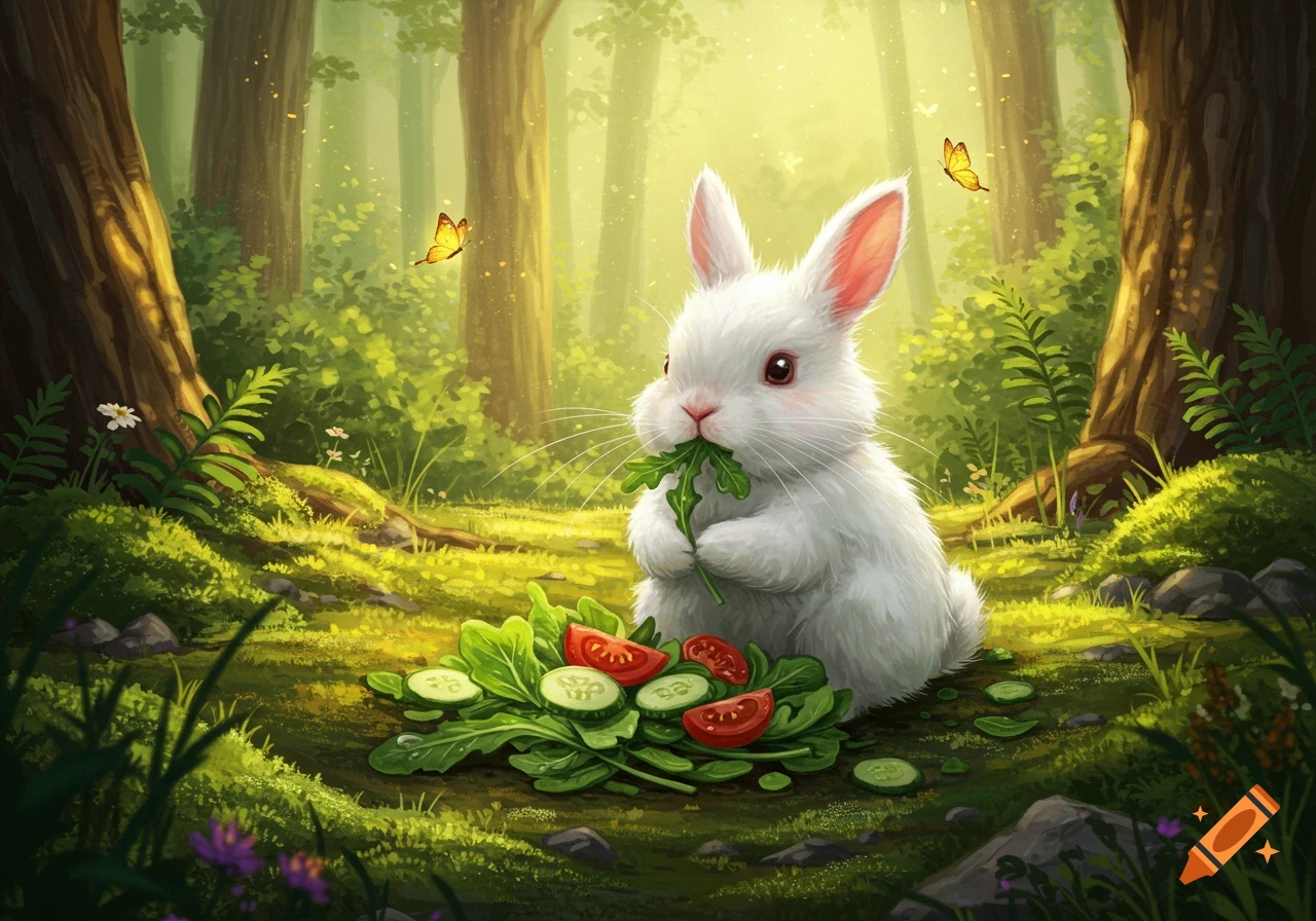 A fluffy white bunny with pink ears eats a pile of green salad with tomatoes and cucumbers in a sunlit forest. Digital art.