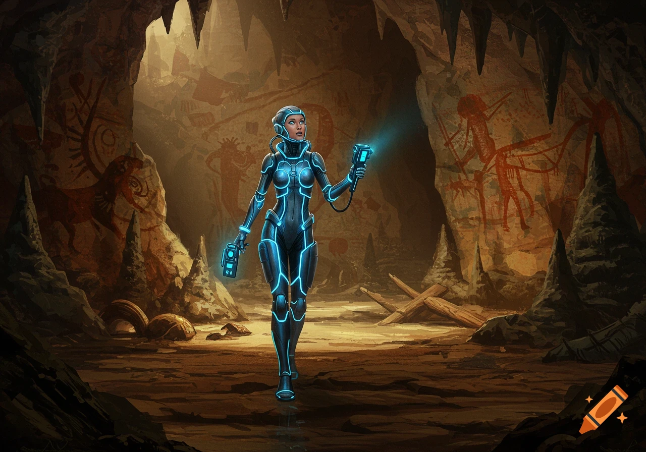 A futuristic female explorer in a glowing suit examines ancient cave paintings in a dark, rocky cave.