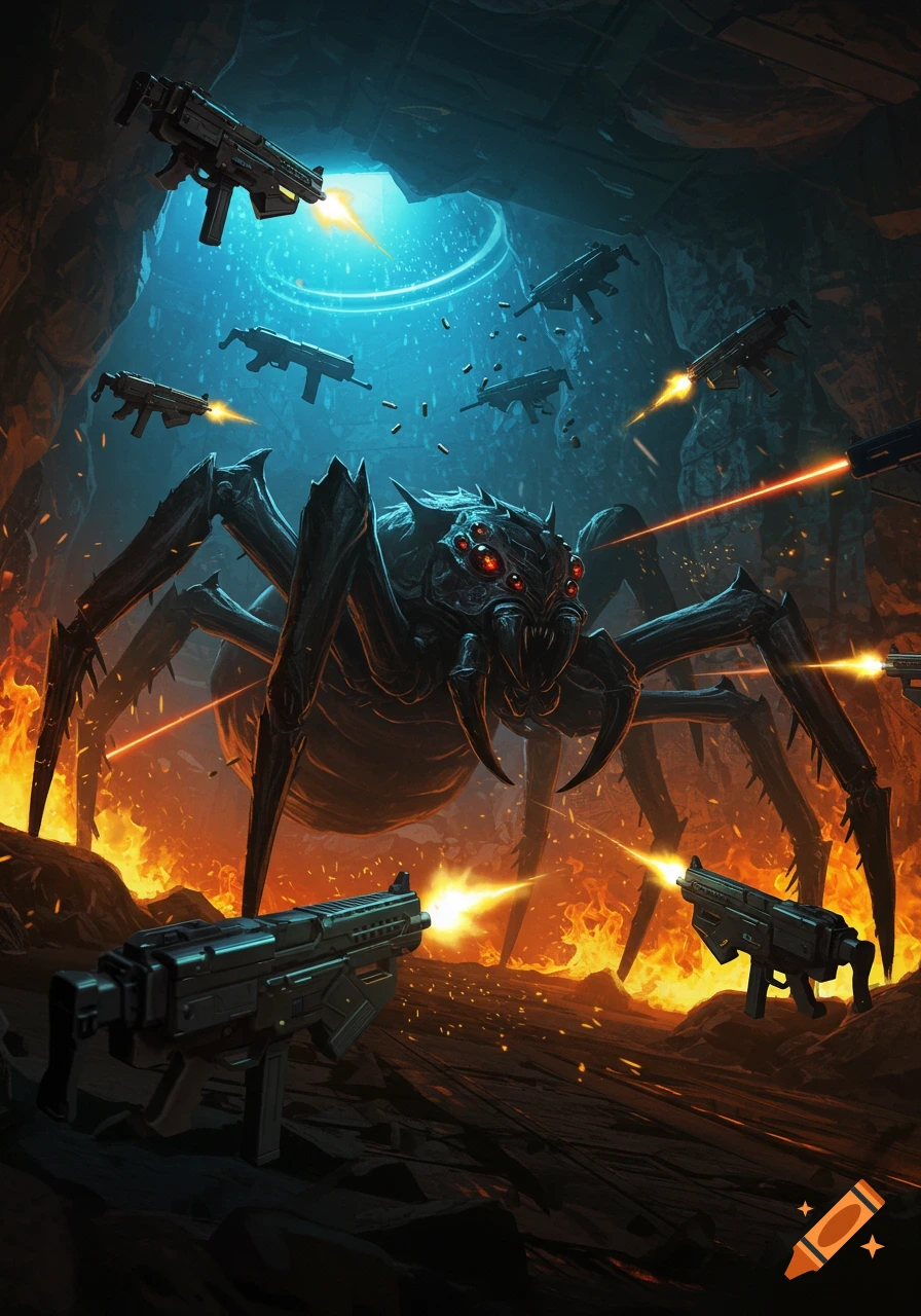 A giant, monstrous spider-like creature with glowing red eyes is under attack by multiple guns firing laser beams in a dark, fiery cave.