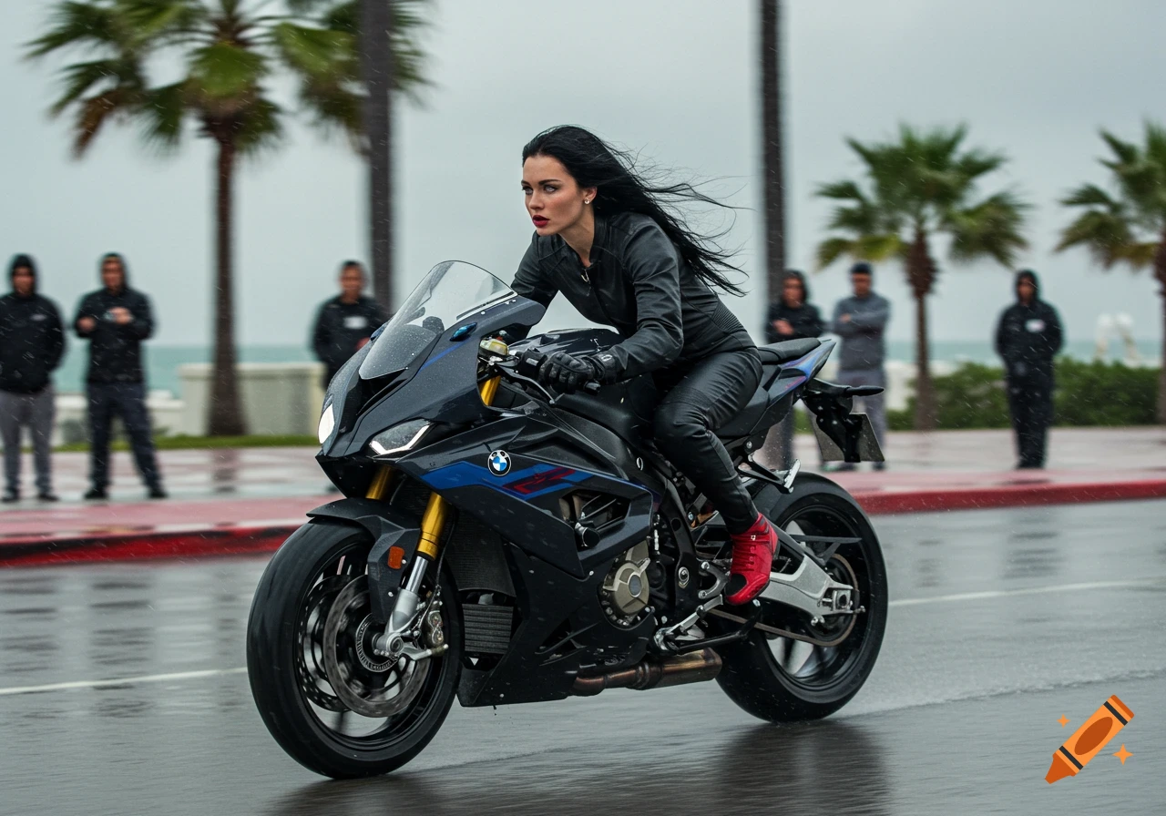 A woman in a black racing suit and red shoes rides a black and blue BMW motorcycle on a wet street on a rainy day.