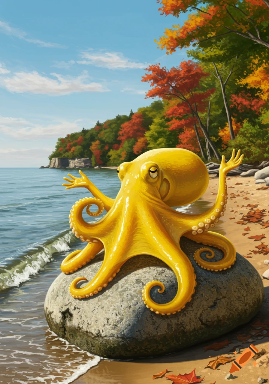 A vibrant yellow octopus with raised arm-like appendages sits on a rock by a lake with colorful autumn trees under a blue sky.