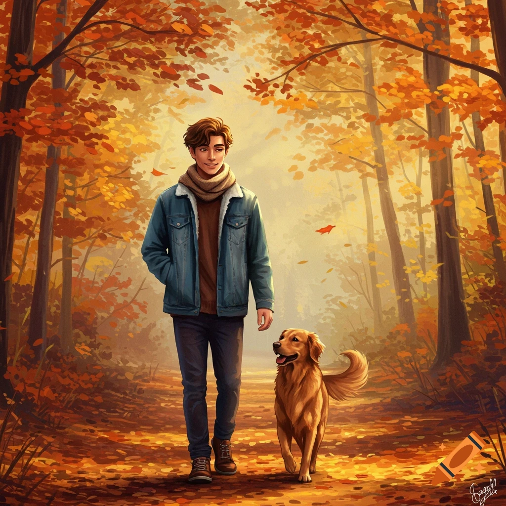A man and a golden retriever walk on a path through a vibrant autumn forest with orange and yellow leaves.