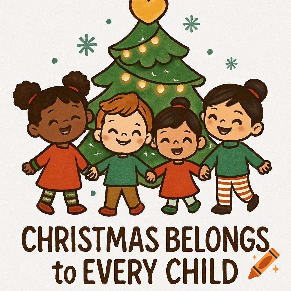 A cute cartoon illustration of four diverse children holding hands in front of a Christmas tree, with the text 'Christmas Belongs to Every Child'.
