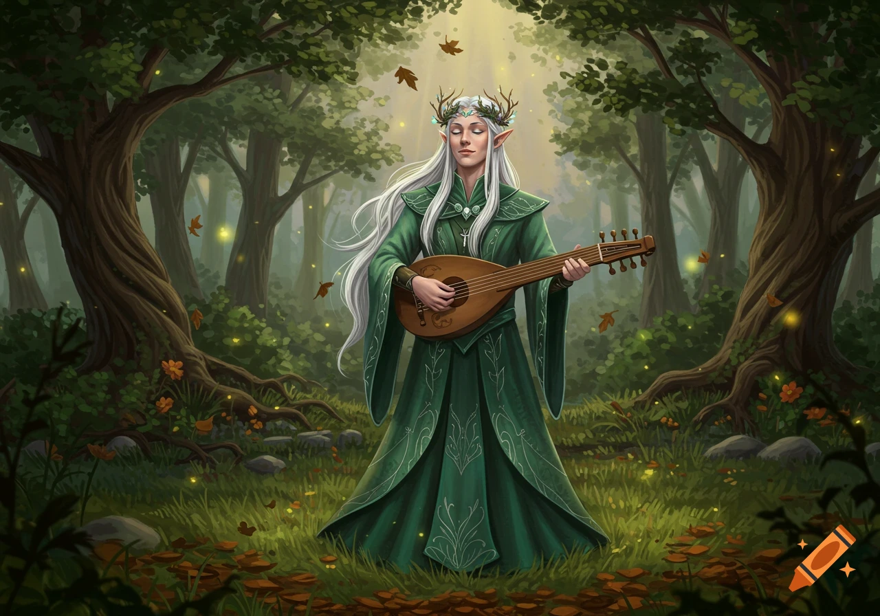 An elvish bard with white hair and green robes plays a lute in a magical forest, depicted in a detailed fantasy art style.