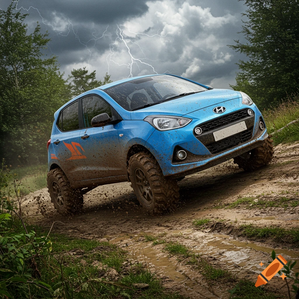 A muddy blue Hyundai i10, modified for off-road driving with large rugged tires, navigates a dirt path under a stormy, lightning-filled sky.