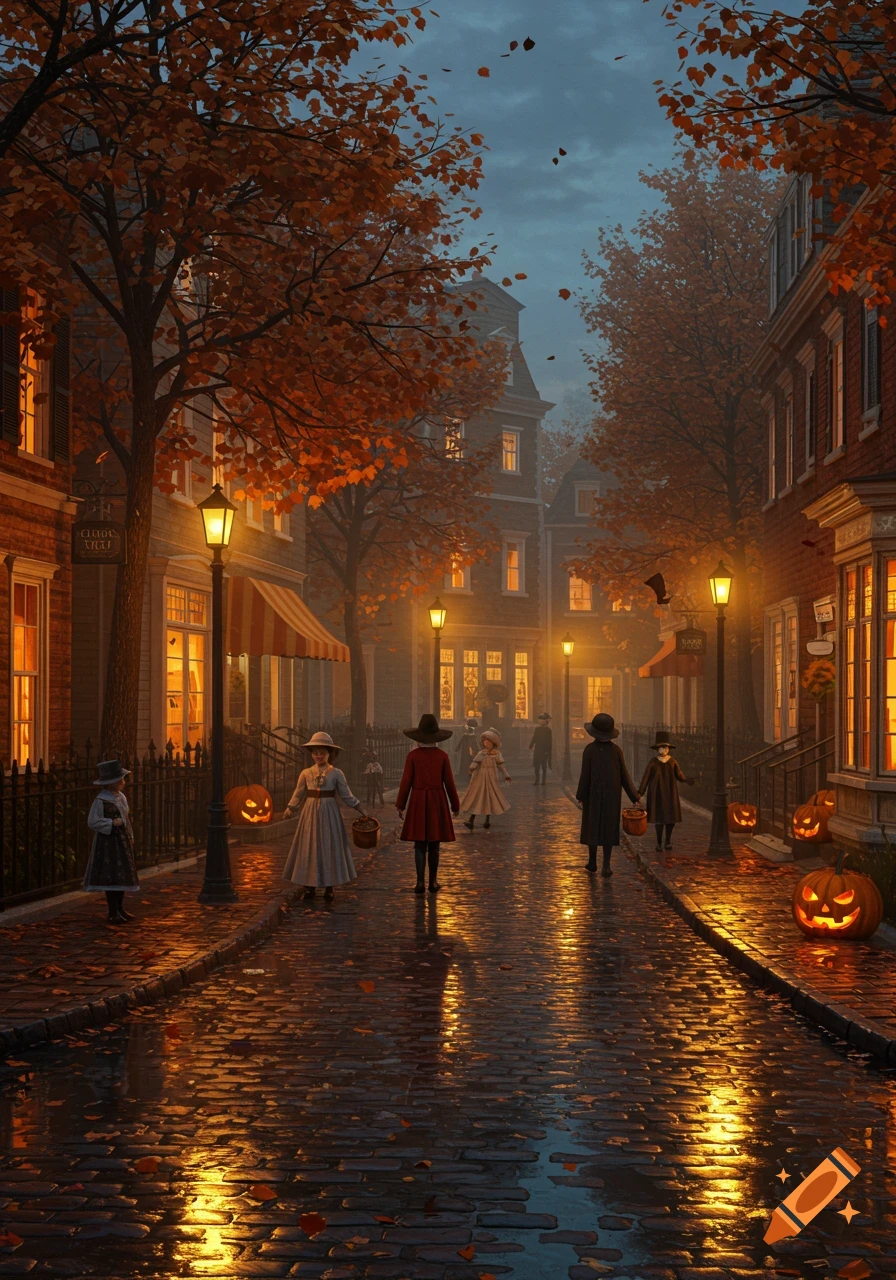 Children in Victorian costumes trick-or-treating on a wet cobblestone street at twilight, surrounded by glowing jack-o'-lanterns and autumn leaves.