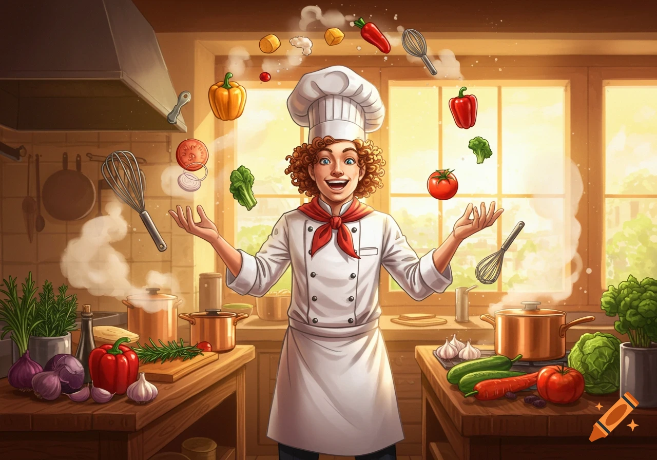 A happy cartoon chef in a white uniform juggling colorful vegetables and whisks in a sunlit, bustling kitchen.