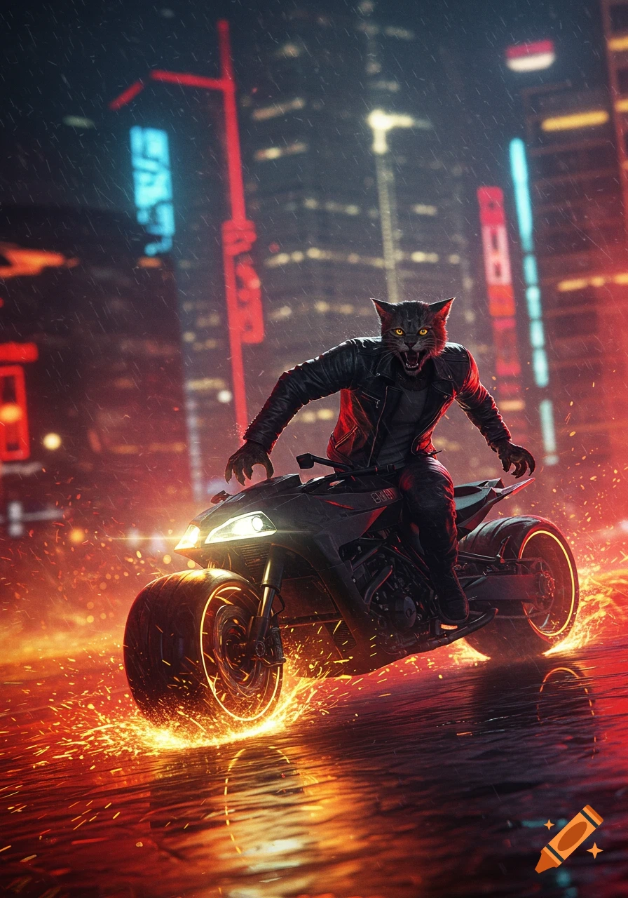 A snarling anthropomorphic black cat in a leather jacket rides a futuristic motorcycle, kicking up sparks on a wet, neon-lit cyberpunk street.