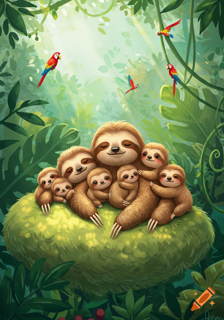 An adorable illustration of a mother sloth and five baby sloths cuddling on a lush green mossy mound in a sun-dappled jungle, with macaws flying around.