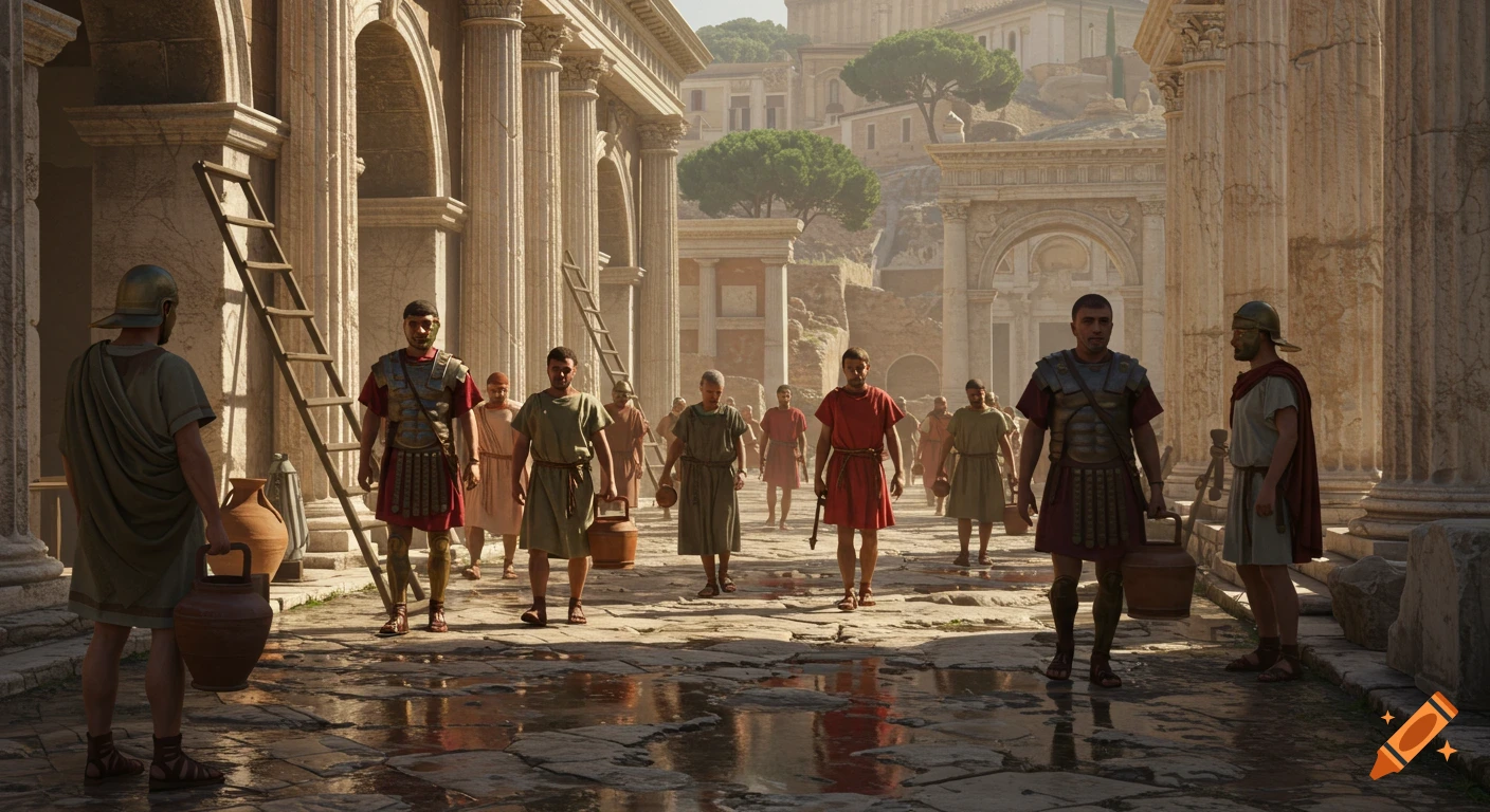 Photorealistic image of Roman Vigiles Urbani with buckets and ladders on a stone street lined with classical architecture under sunlight.
