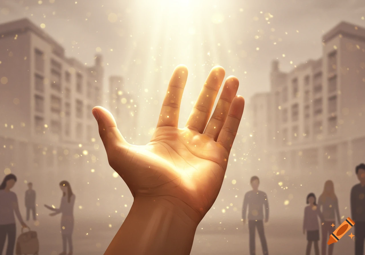 A glowing hand reaches up towards beams of light in a blurred city scene with silhouetted people.