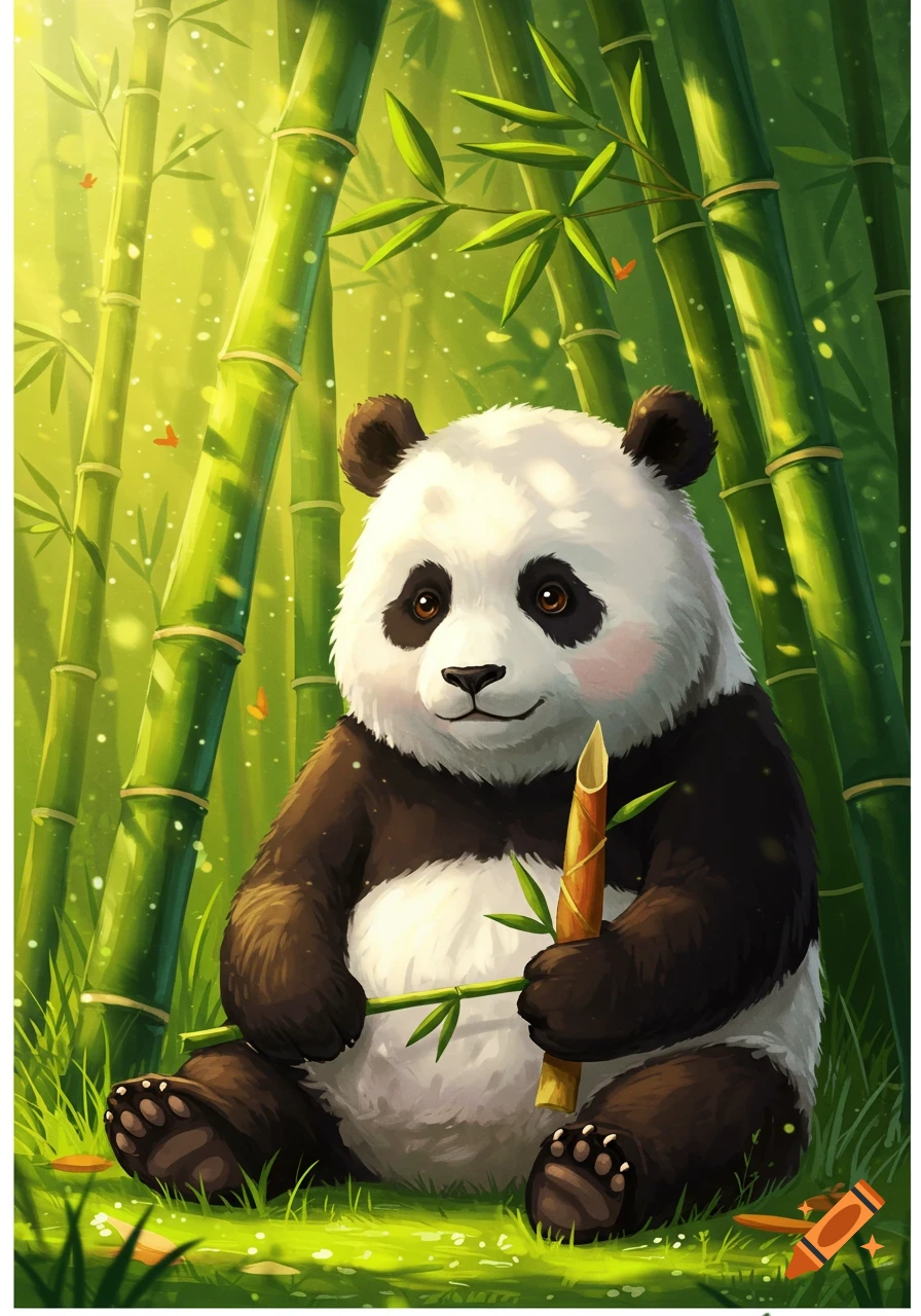 A cute, fluffy panda sits smiling in a vibrant green bamboo forest, holding a bamboo shoot, in an animated illustration style.