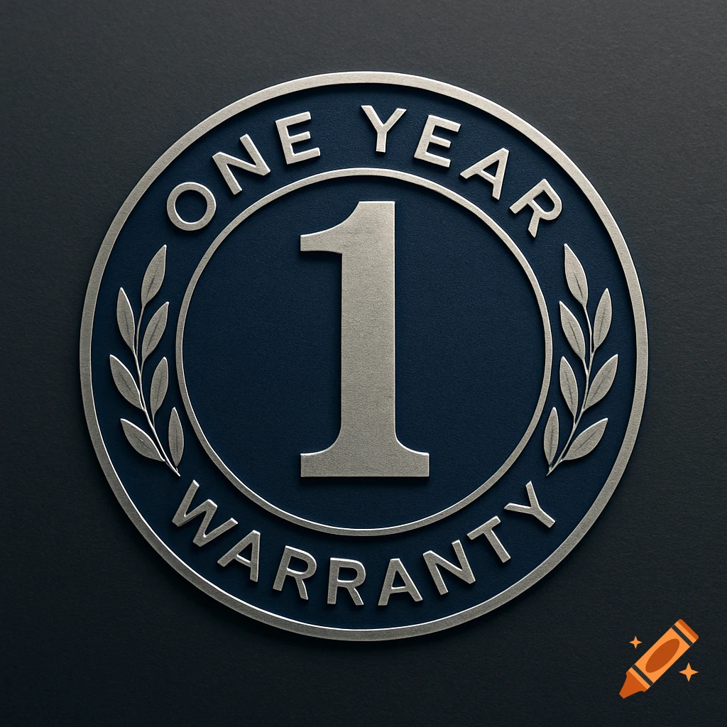 A silver and blue metallic logo for "ONE YEAR WARRANTY" with a large number "1" in the center, on a dark background.