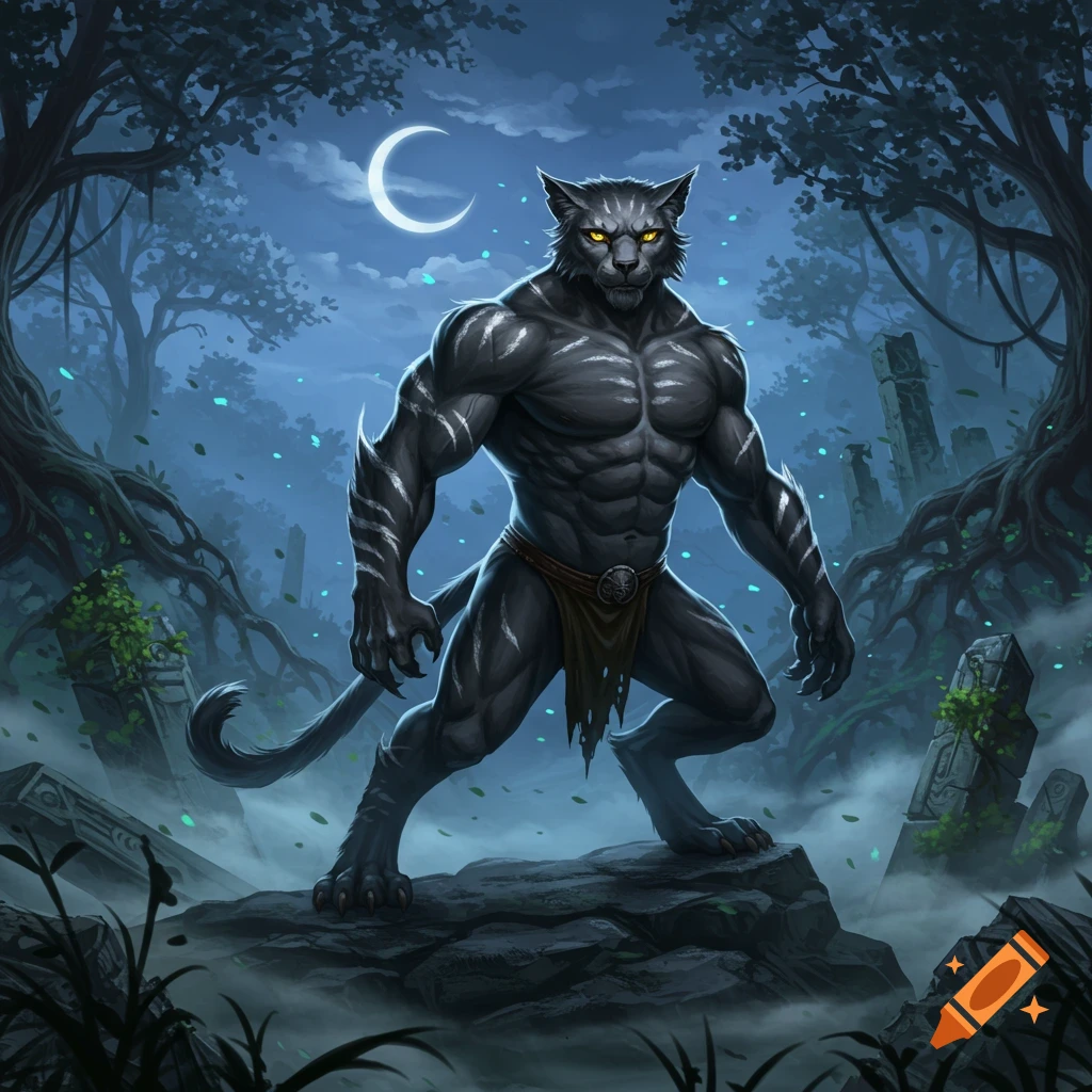 A muscular, gray anthropomorphic cat creature with glowing yellow eyes stands on a rock in a moonlit fantasy forest.