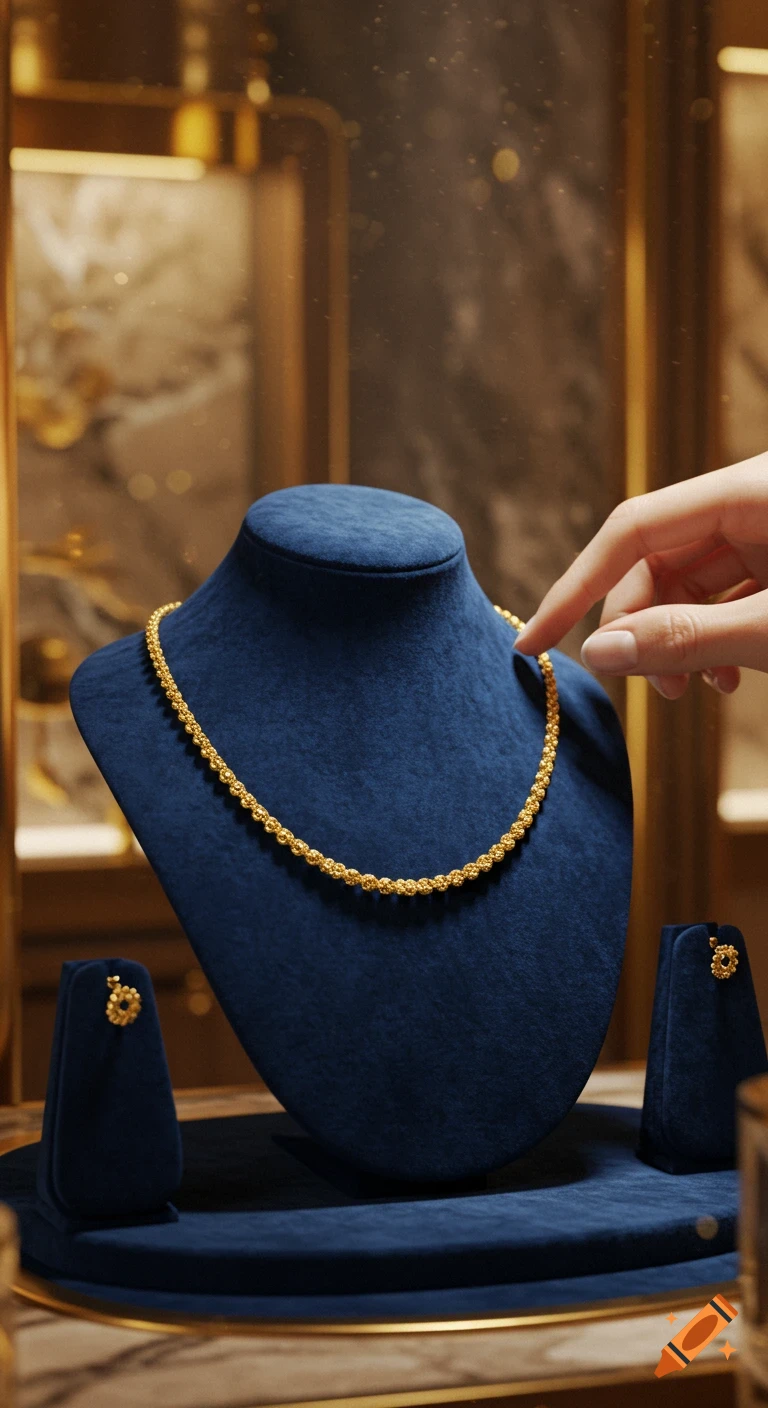 A hand places a gold necklace on a blue velvet display in a luxury jewelry boutique, shot with warm, soft lighting.