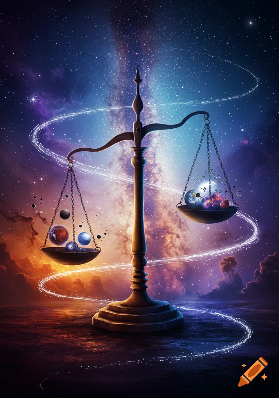 A cosmic balance scale holds colorful planets against a vibrant starry galaxy, with swirling light trails. Magical digital art.