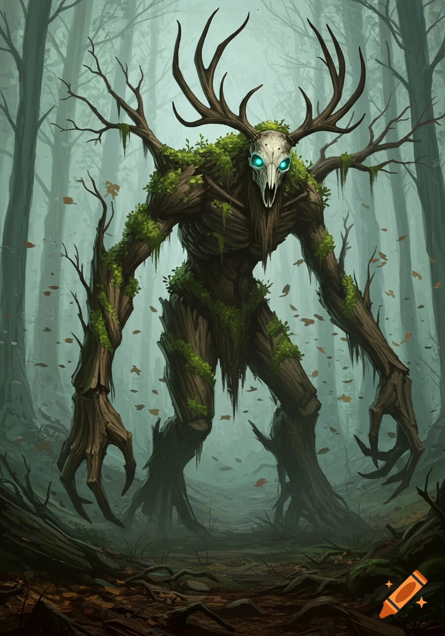 A menacing, tree-like monster with large antlers and a skull face stands in a misty, dark forest.