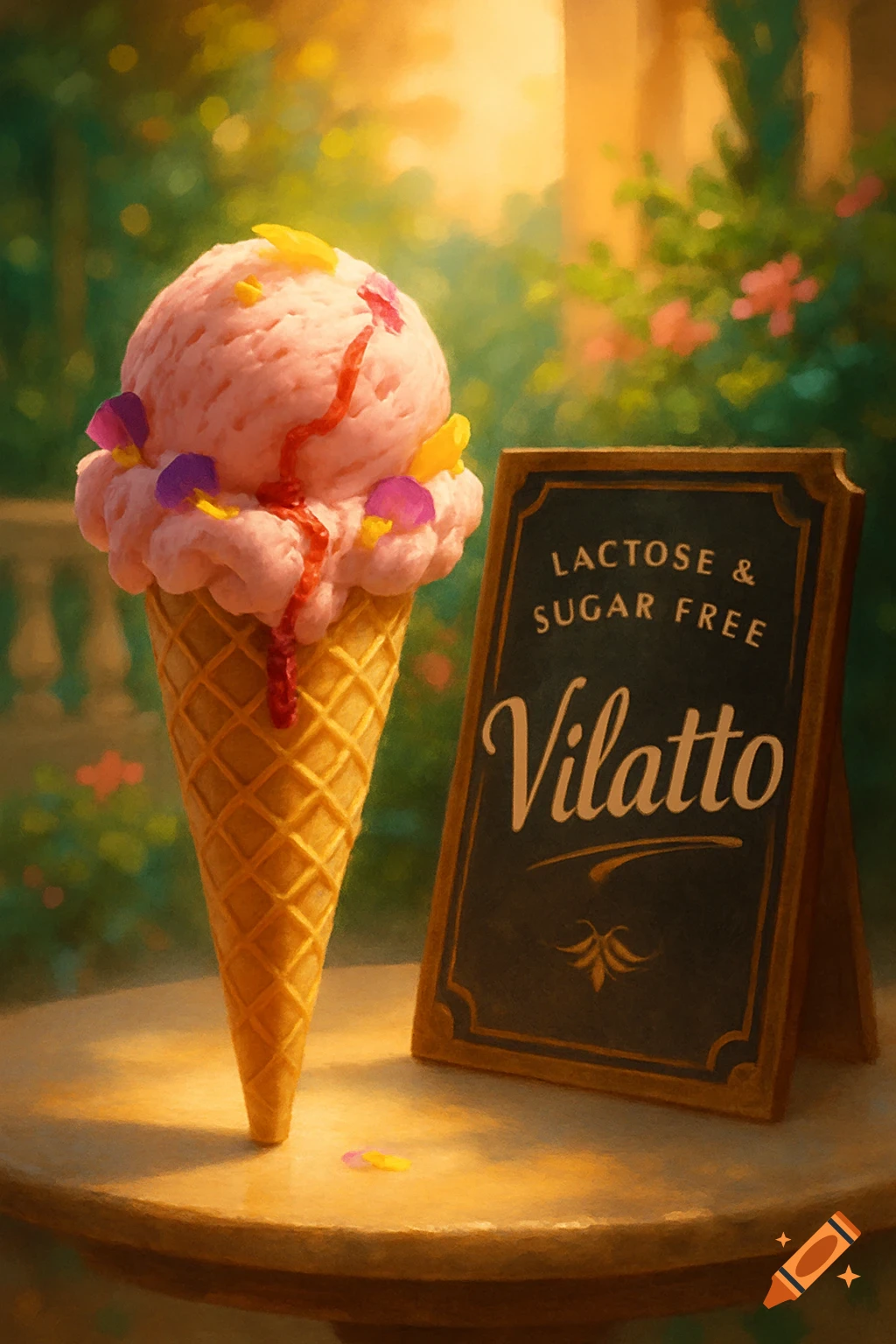 Pink ice cream in a waffle cone next to a 'LACTOSE & SUGAR FREE Vilatto' sign in a sunlit garden, painterly style.