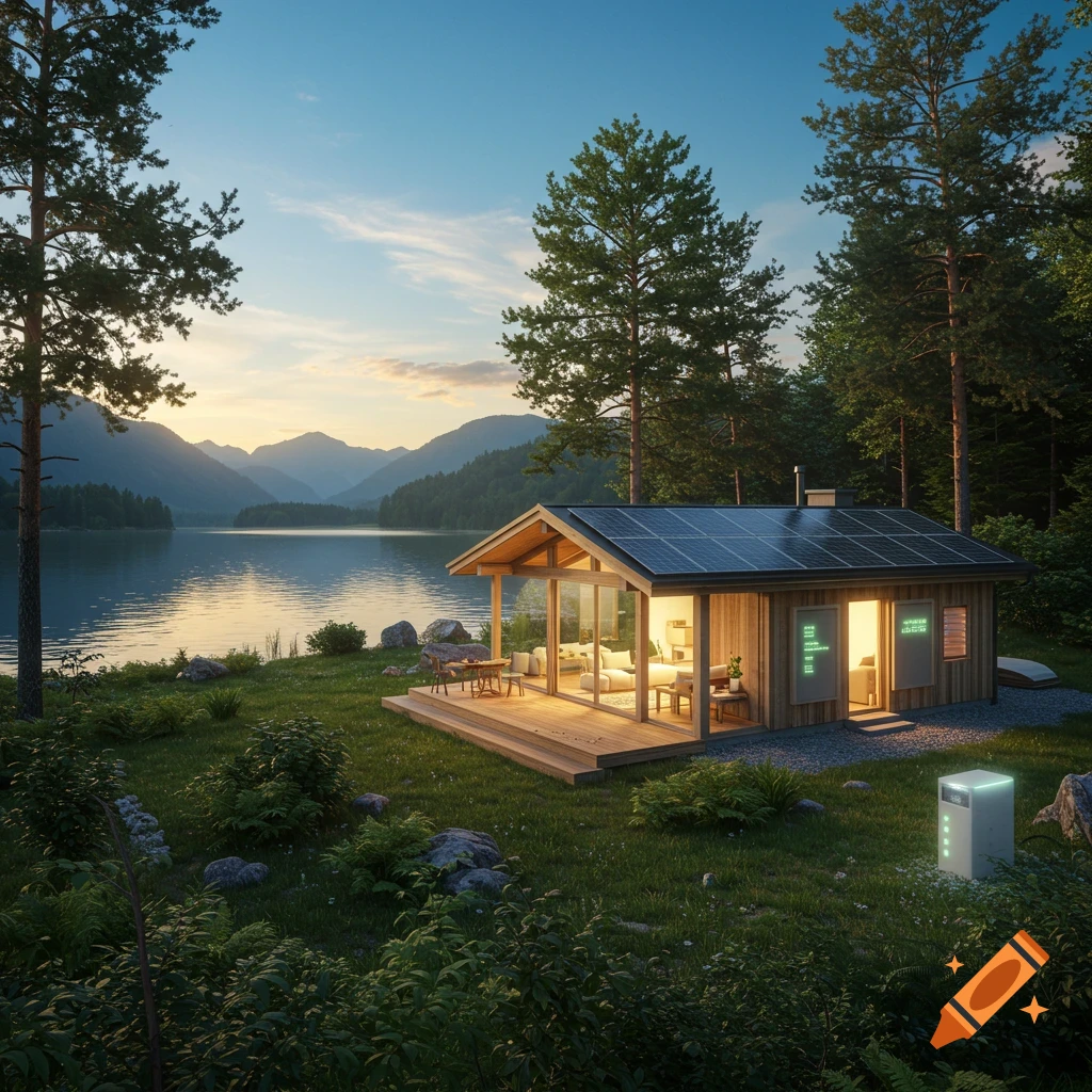 Modern cabin with solar panels by a serene lake at sunset, surrounded by forest and green grass, with a white outdoor unit.