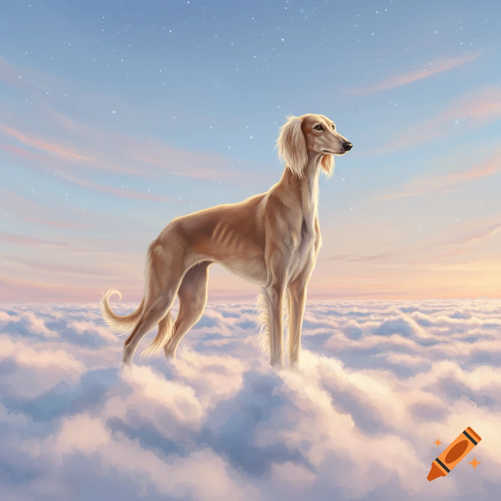 A majestic blond Saluki dog stands atop soft, fluffy clouds under a starry, pastel-colored sky.