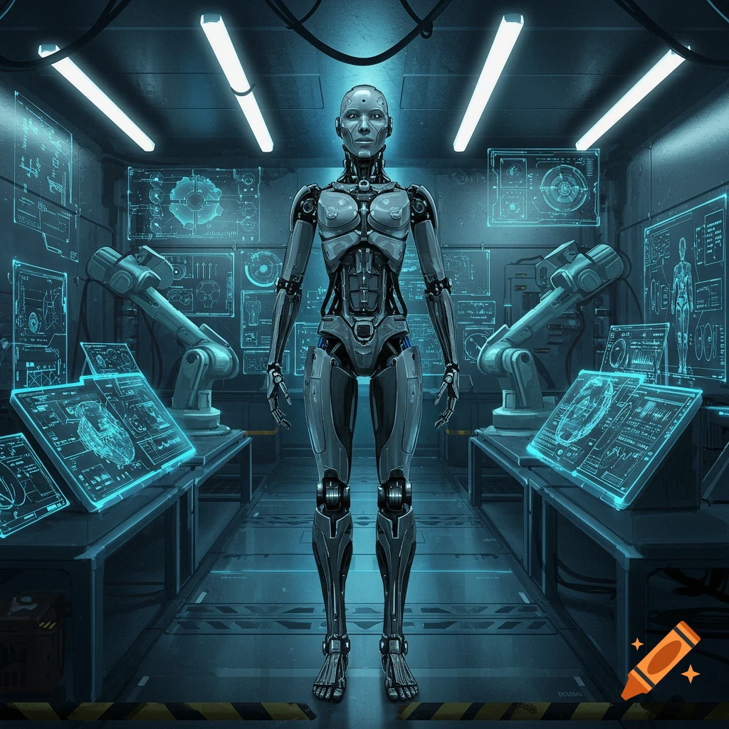 A humanoid robot stands in a dark, futuristic technology lab filled with glowing blue screens displaying schematics and robotic arms. Digital art.