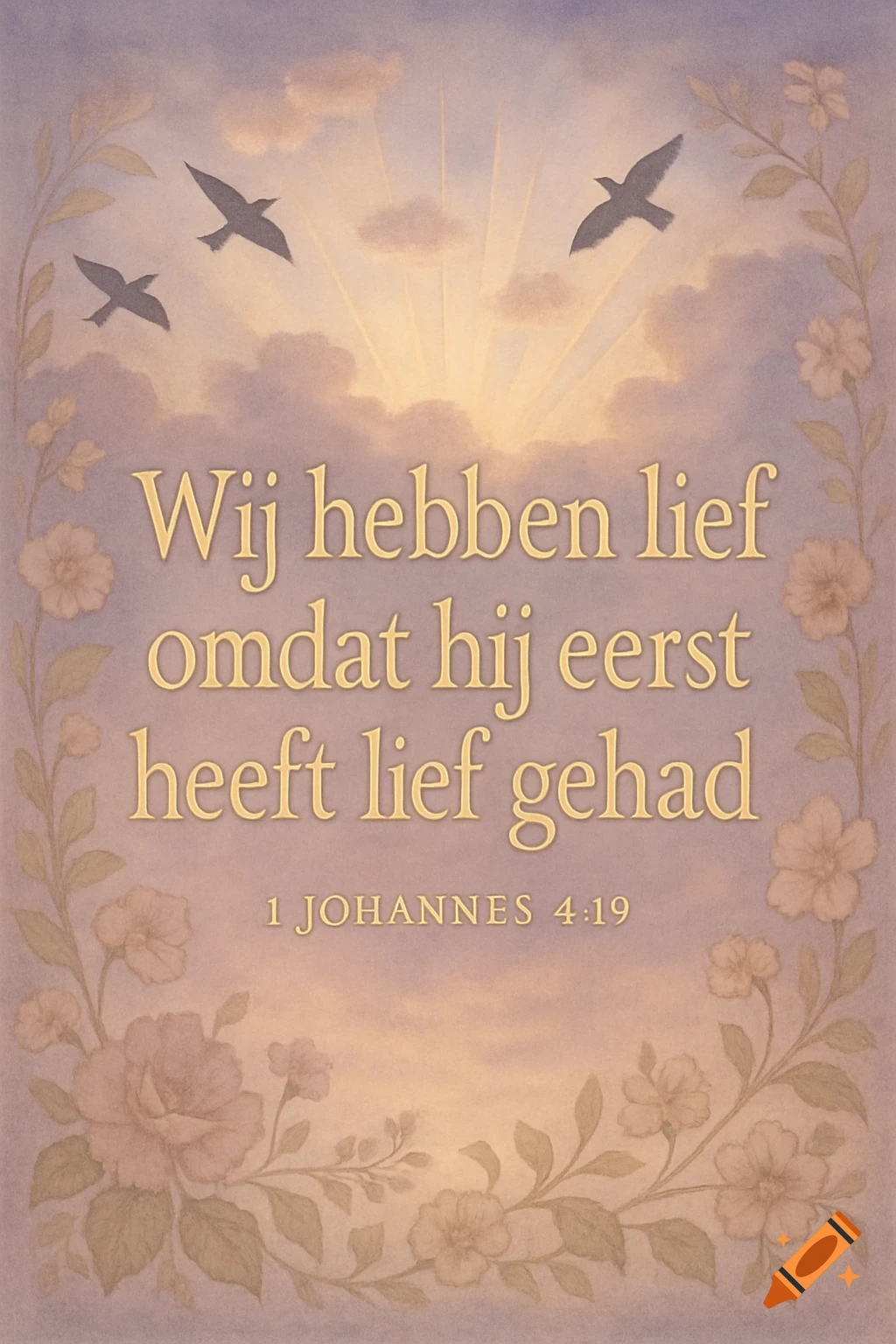An inspirational quote 'Wij hebben lief omdat hij eerst heeft lief gehad 1 JOHANNES 4:19' in gold script, set against a watercolor sky with a sunrise, flying birds, and floral borders.
