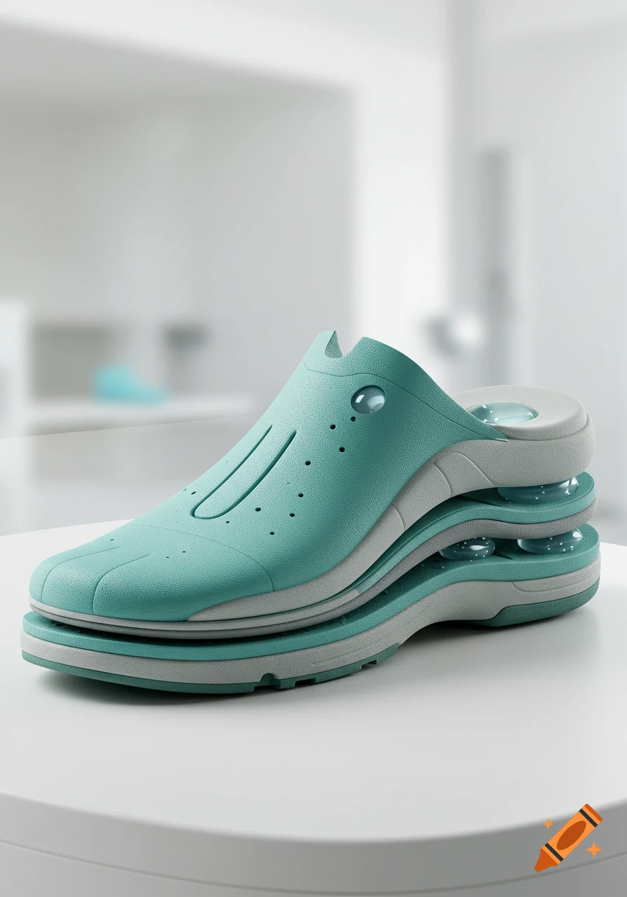 A detailed close-up of a futuristic teal and grey orthopedic sandal with layered soles and clear cushioning bubbles, on a white table.