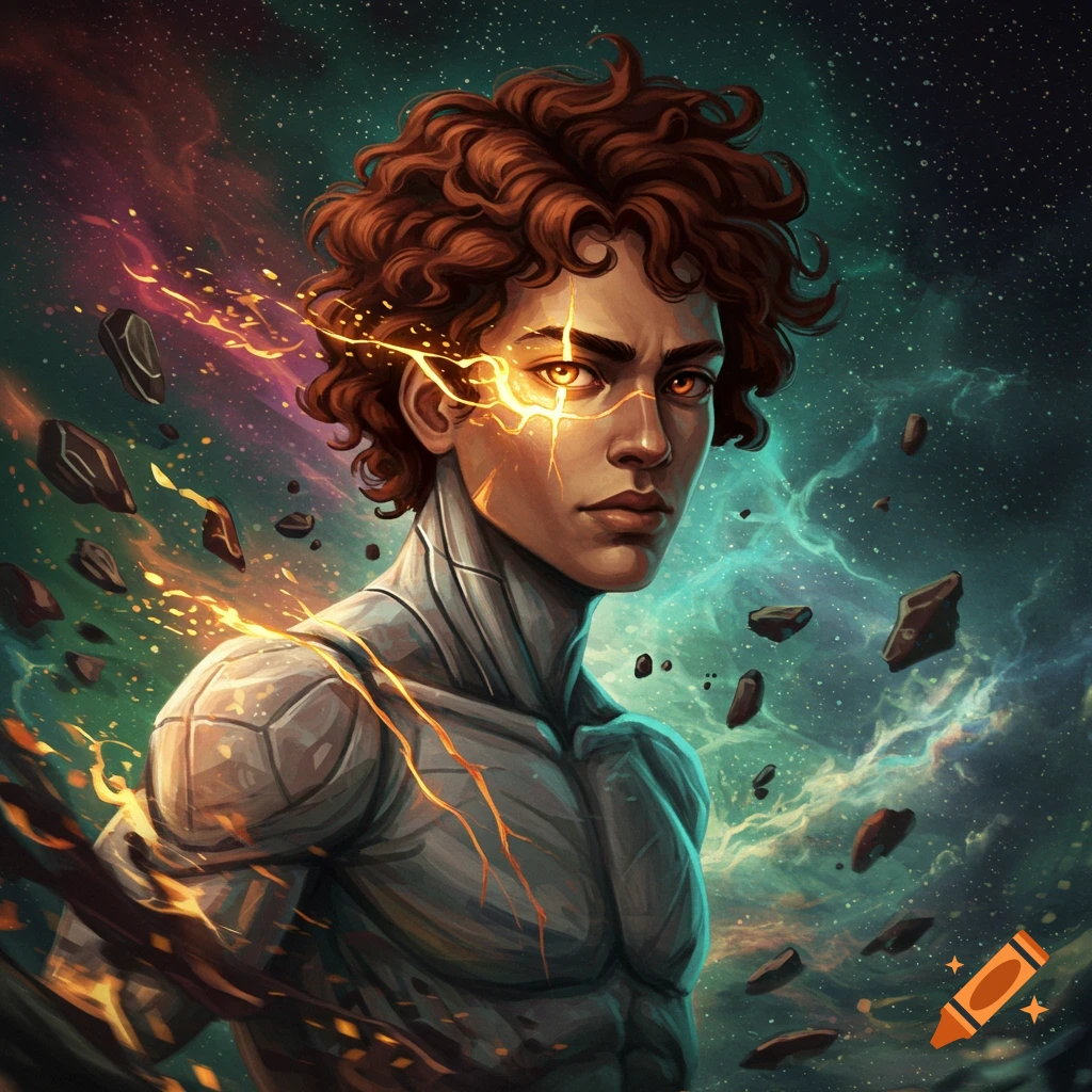 A fantasy hero with curly brown hair, glowing orange eyes, and crackling energy lines on his face and body, set against a cosmic background with floating rocks.
