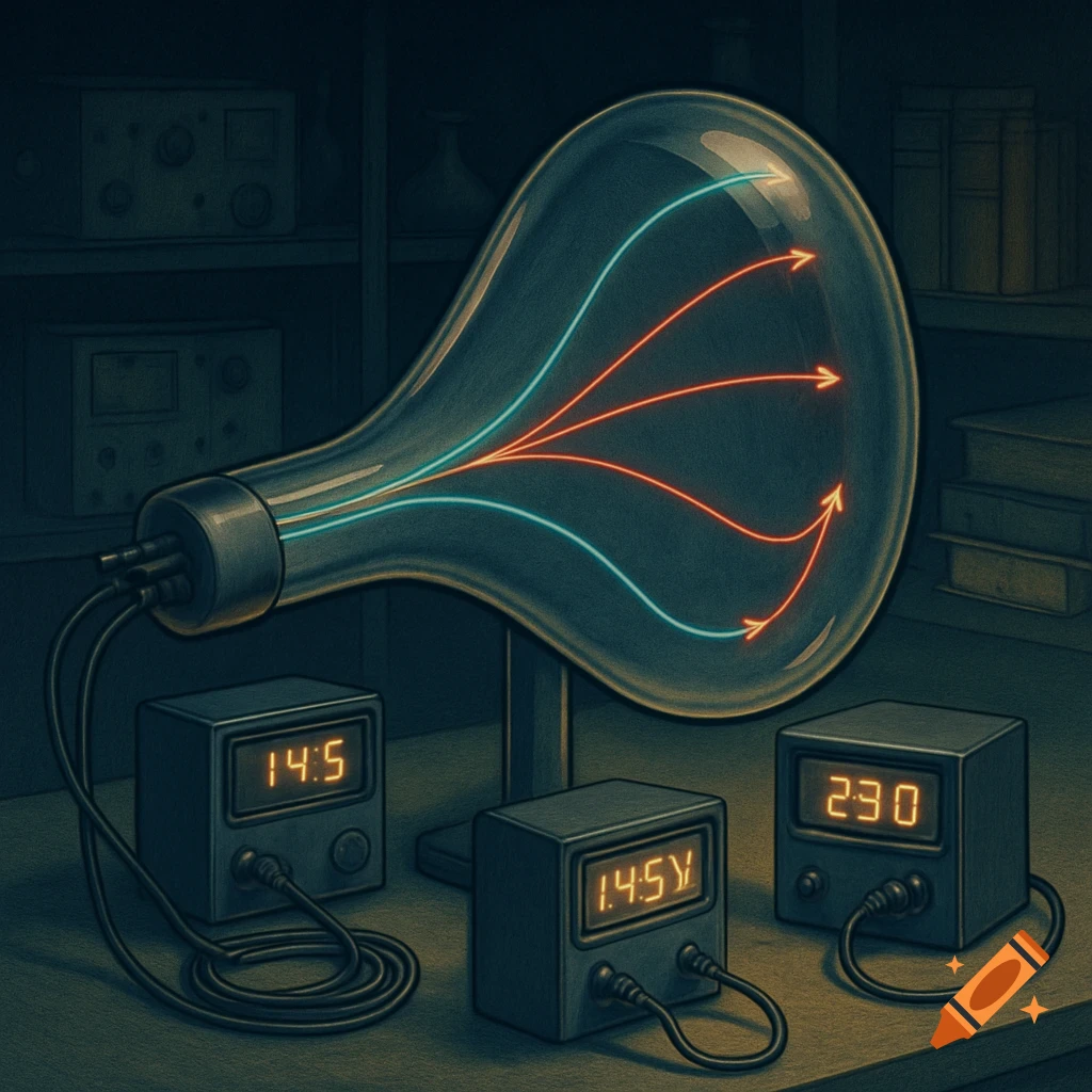 An illustration shows a large vacuum tube with glowing blue and red electron beams deflecting, connected to three devices displaying numbers.