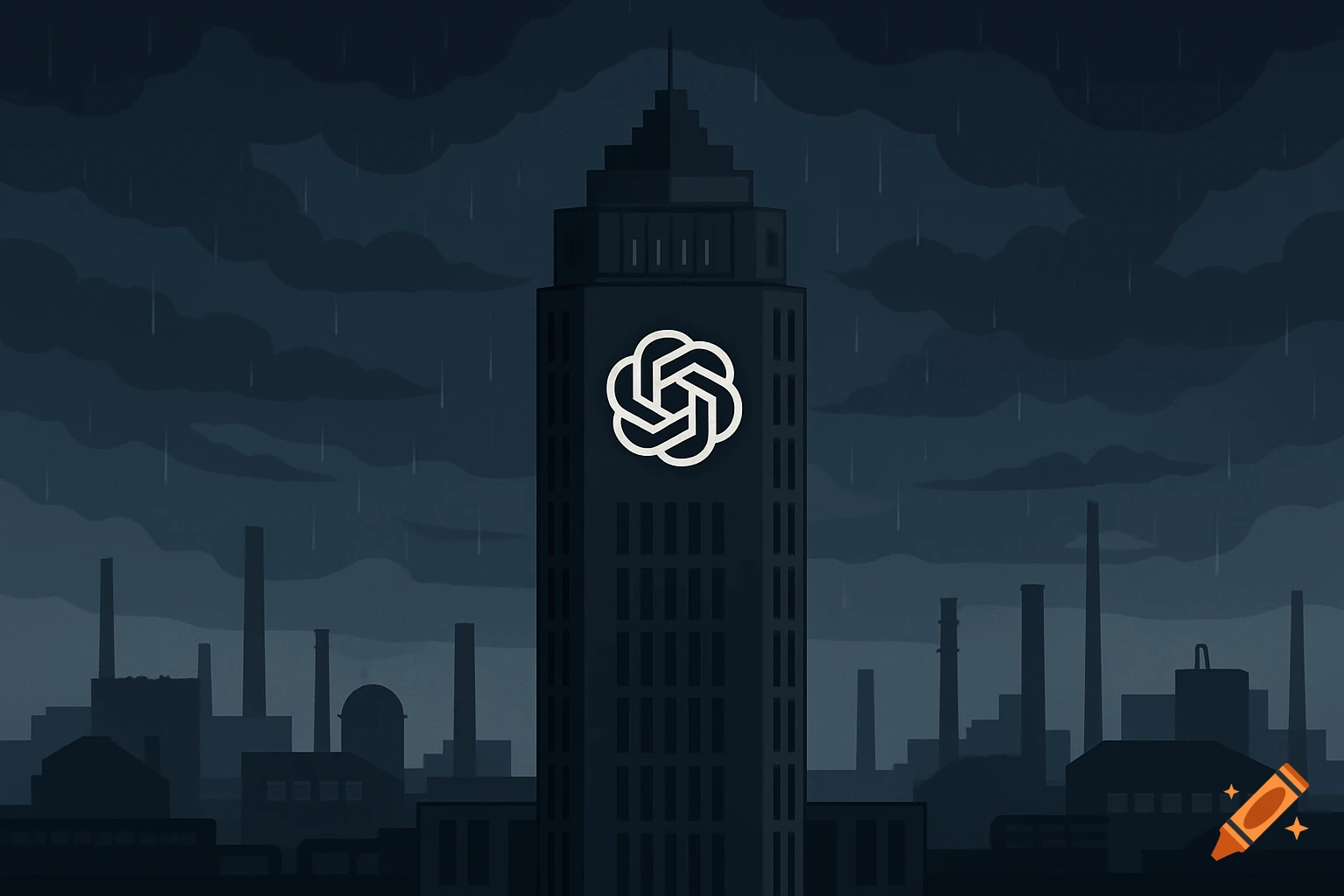 A dark, rainy illustration of a tall building with the white ChatGPT logo, set against an industrial cityscape under a cloudy sky.