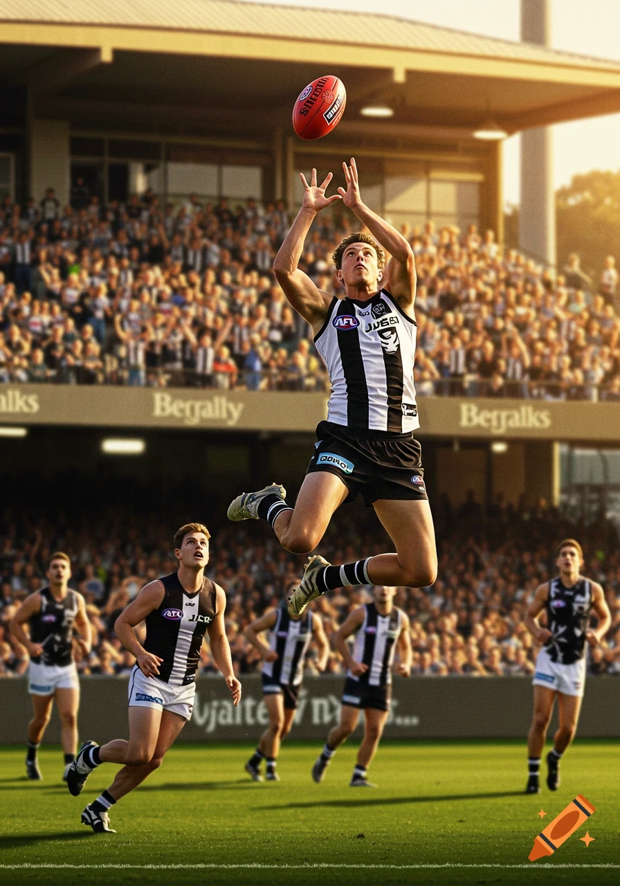 A male Australian Rules Football player in a black and white striped jersey leaps to catch the ball in a stadium filled with spectators.