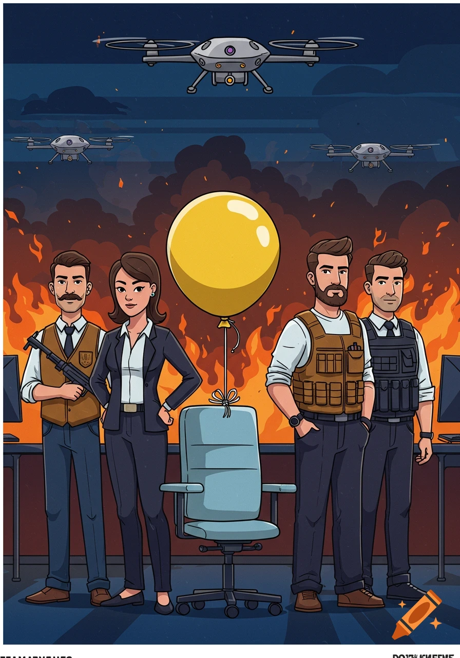 An illustration of a team of agents with drones overhead and a fiery background. The team includes a woman, three men in vests, and a yellow balloon as a leader, all in an office setting.
