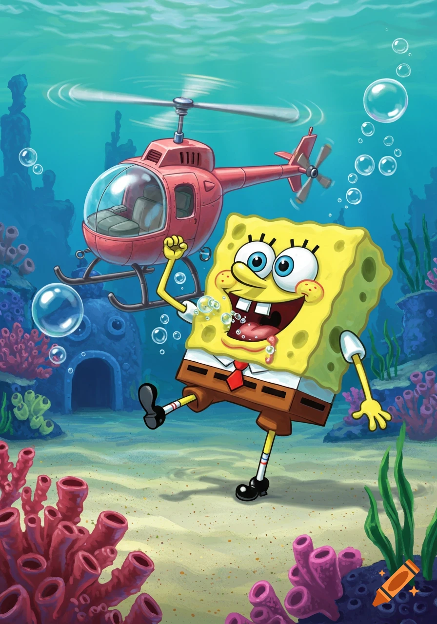 Spongebob Squarepants happily floats underwater with a red helicopter, blowing bubbles near his mouth, surrounded by coral.