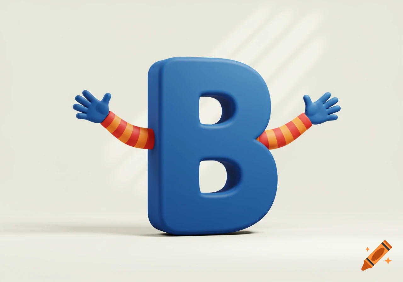 A blue 3D letter B with cartoon arms in striped sleeves and blue gloves, on a plain light background.
