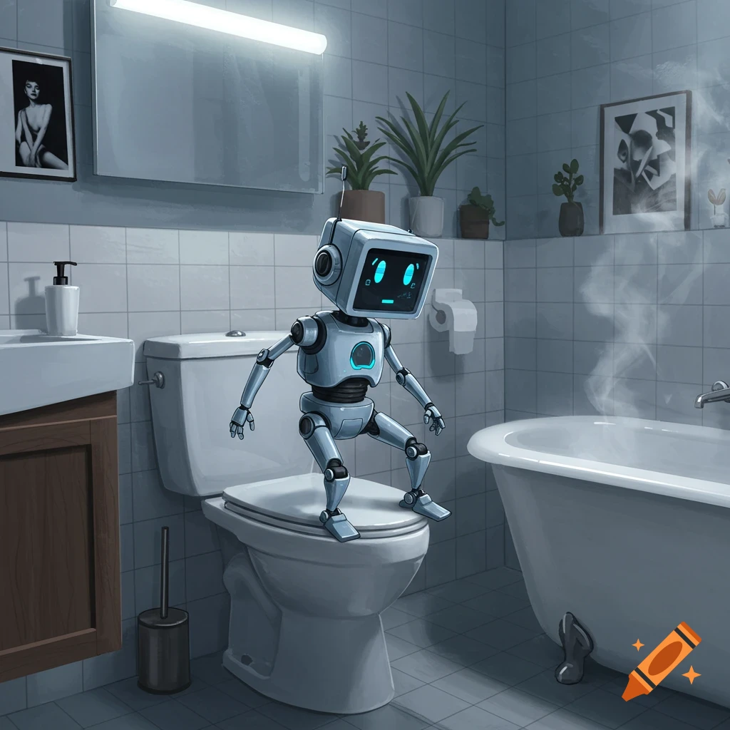 A white and blue robot with a screen head sits on a toilet in a sterile gray bathroom next to a bathtub and sink, in a stylized illustration.