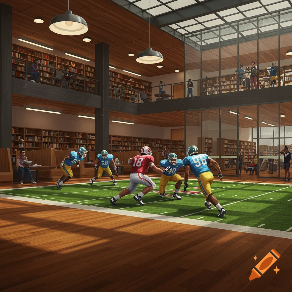 American football players in a dynamic game on a turf field inside a large, modern library.