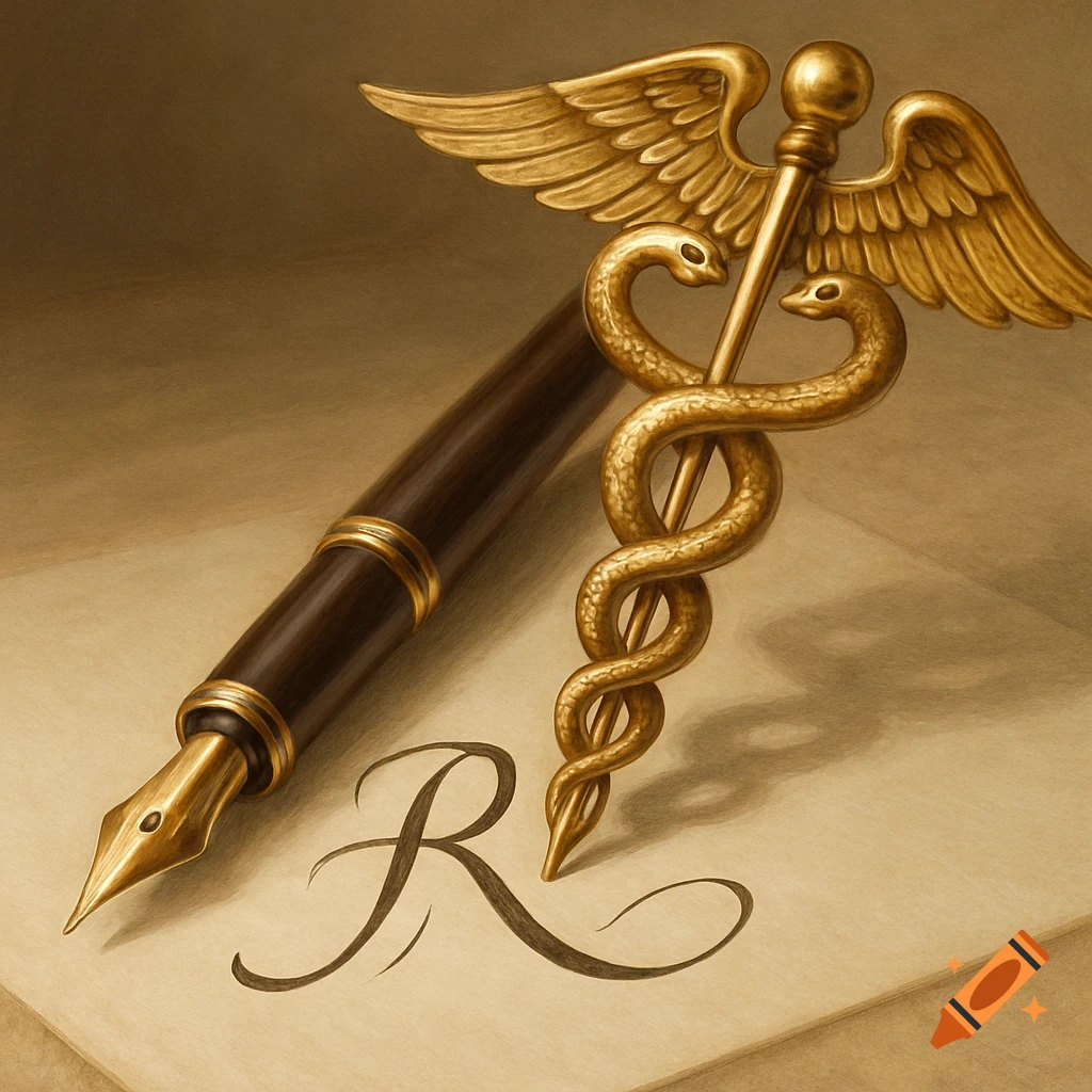 A golden caduceus and a fountain pen on paper with a calligraphic 'R'.