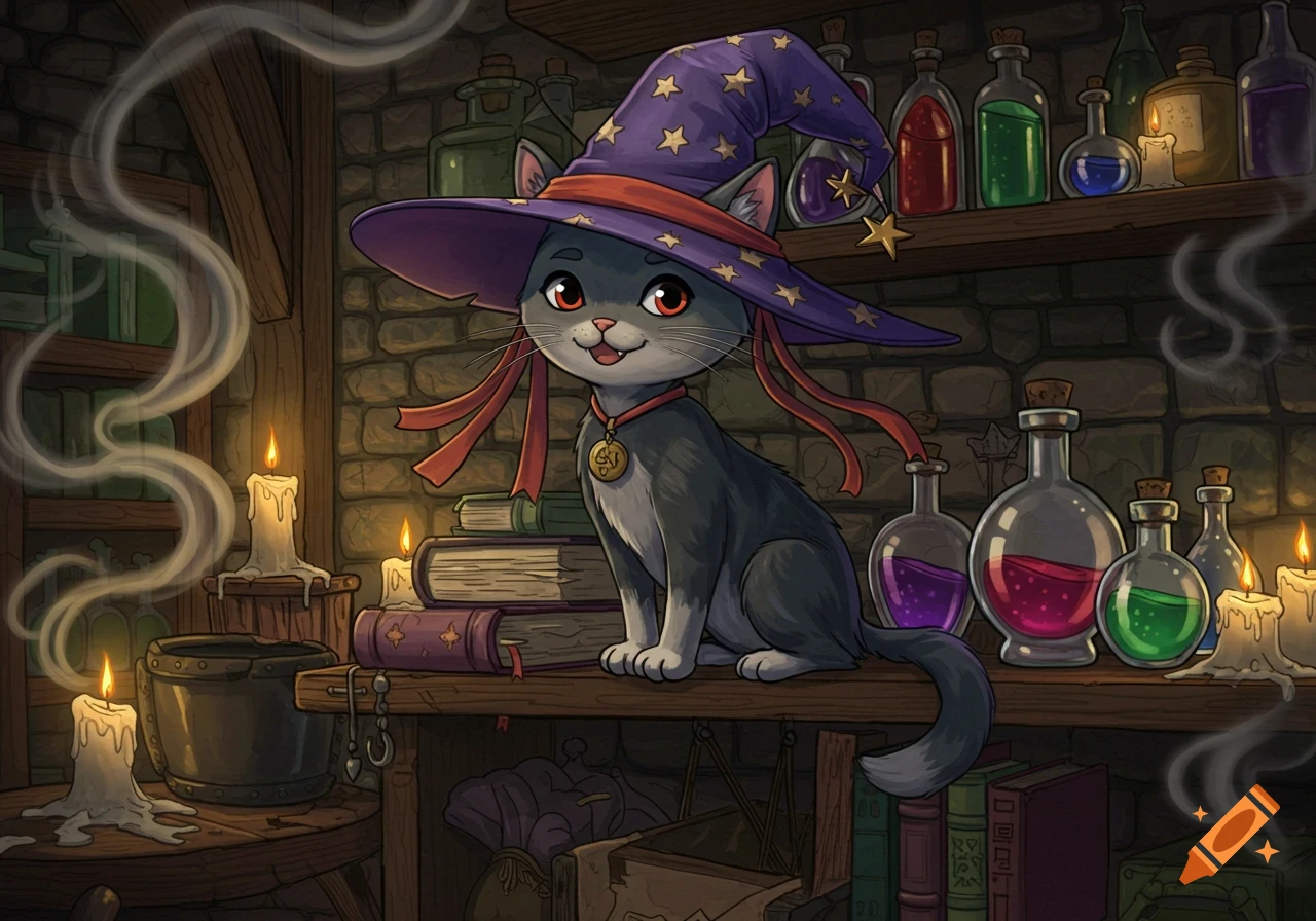 A cute gray cartoon cat wearing a purple witch hat with gold stars, sits on a shelf in a dimly lit potion room filled with candles and spellbooks.