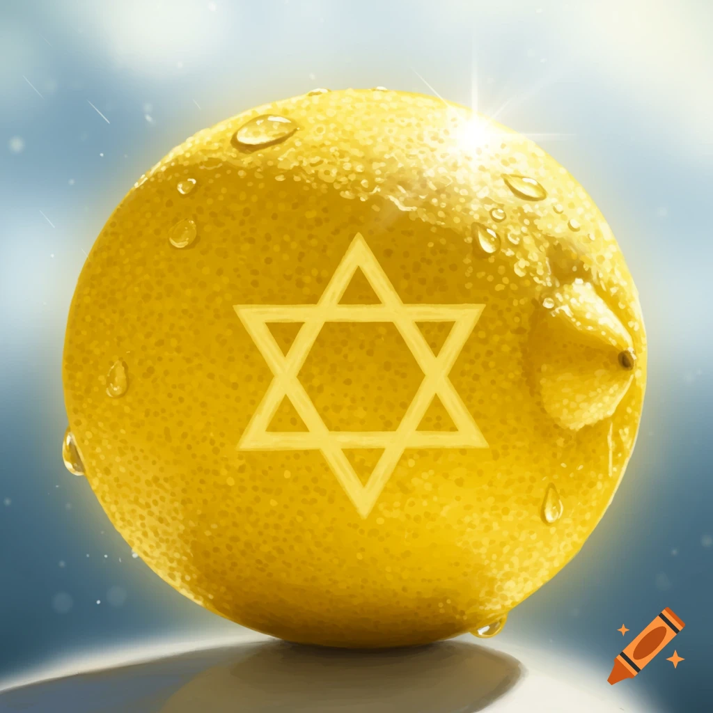 A photorealistic lemon covered in water droplets with a prominent yellow Star of David symbol on its side.