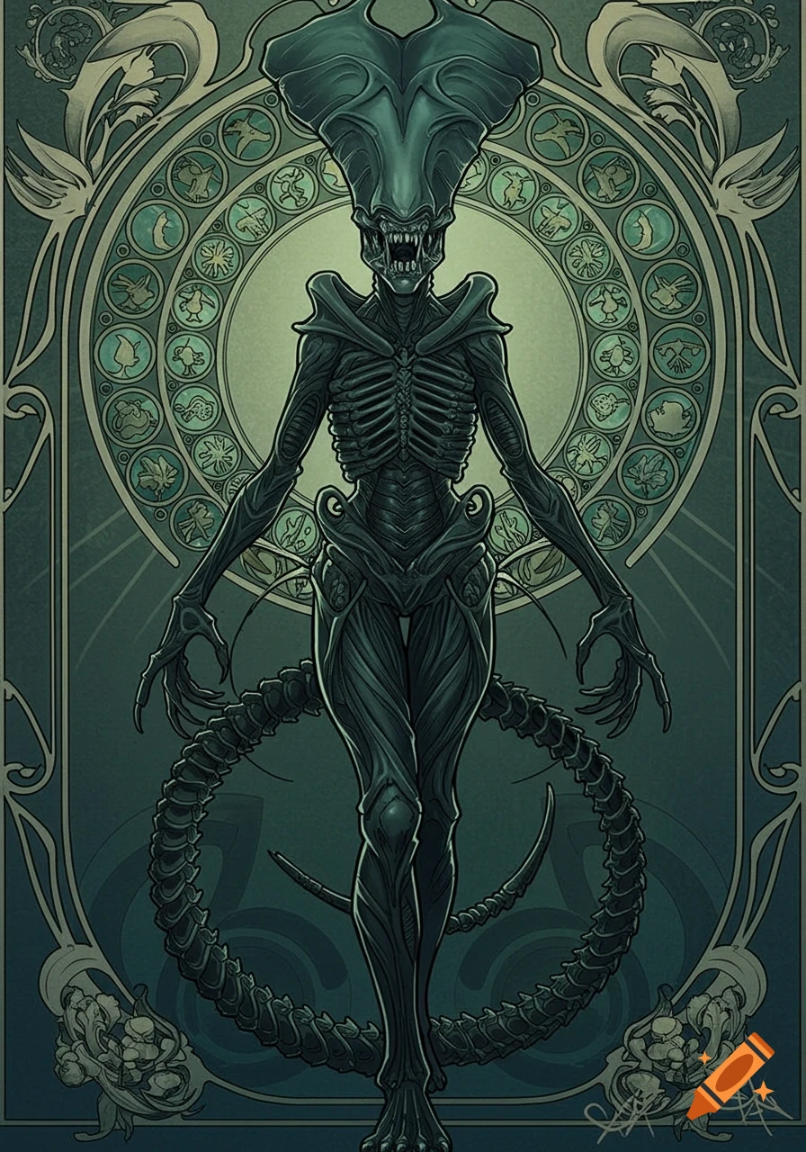 A full body Xenomorph Queen in an art nouveau style, with intricate patterns and a circular background.