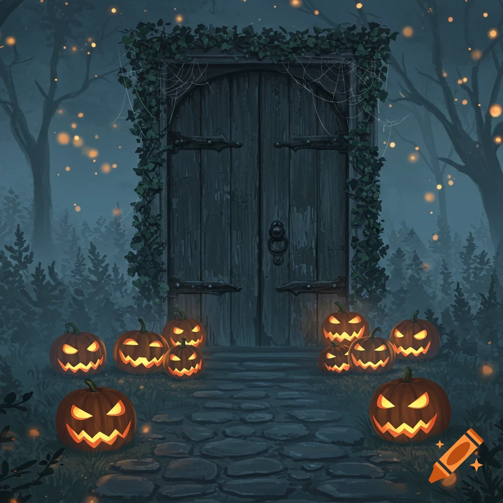A spooky, gnarled wooden door adorned with vines and cobwebs stands in a dark forest, surrounded by many glowing jack-o'-lanterns, stylized illustration.