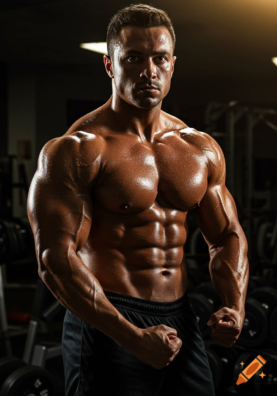 A muscular, shirtless bodybuilder with sweat on his skin poses intensely in a dimly lit gym.