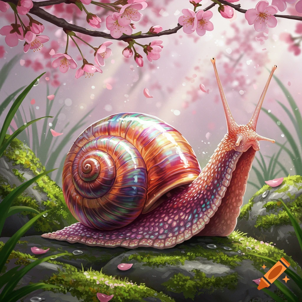 Vibrant iridescent snail on mossy rocks under pink cherry blossoms with falling petals, in a stylized, dreamlike setting.