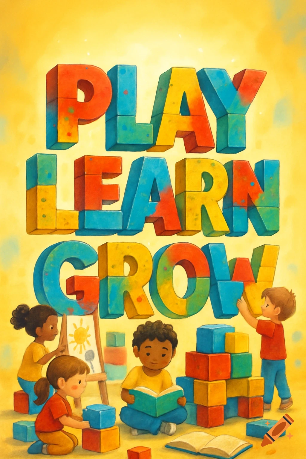 Illustration of colorful 3D letters 'PLAY LEARN GROW' above diverse children playing with blocks and reading.