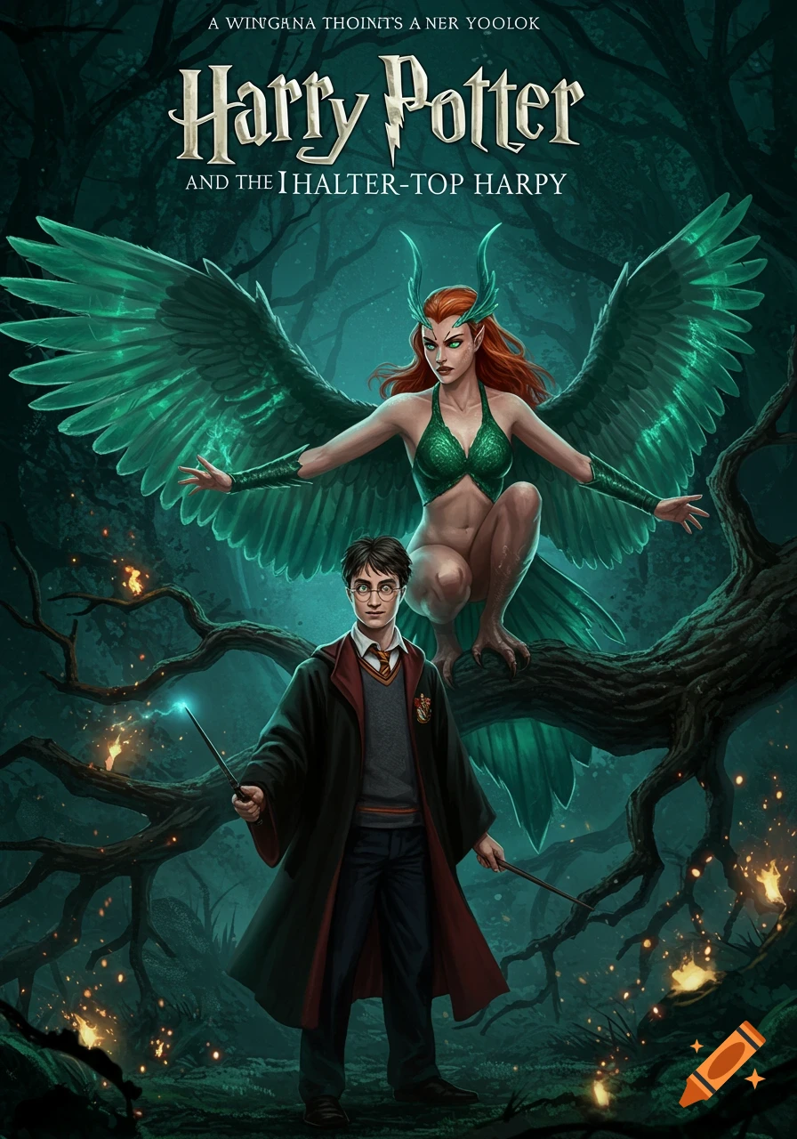A stylized book cover featuring Harry Potter holding a glowing wand, facing a red-haired harpy with large green wings perched on a tree branch in a dark forest.
