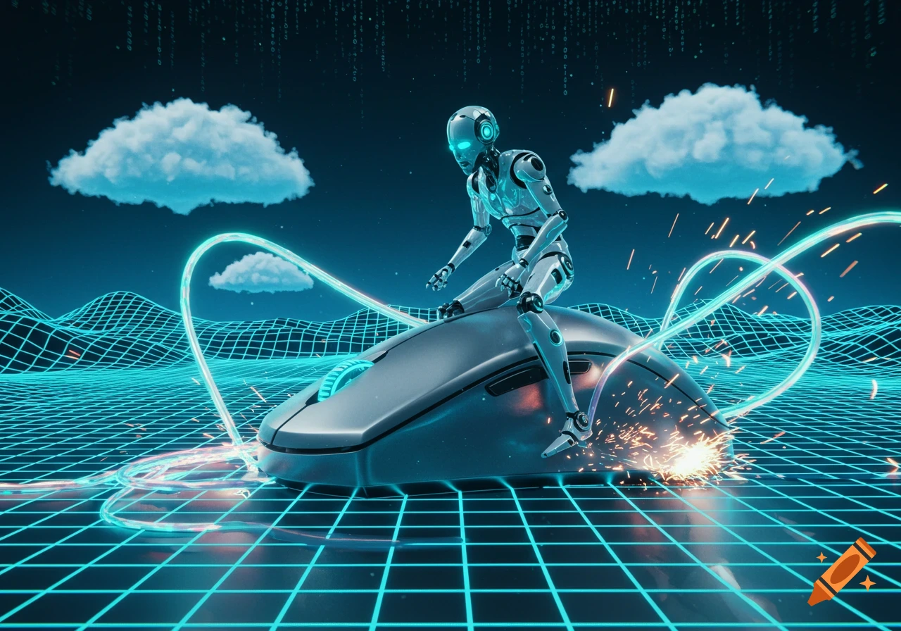 A white robot surf-riding on a computer mouse across a glowing blue grid landscape with binary code falling from above.