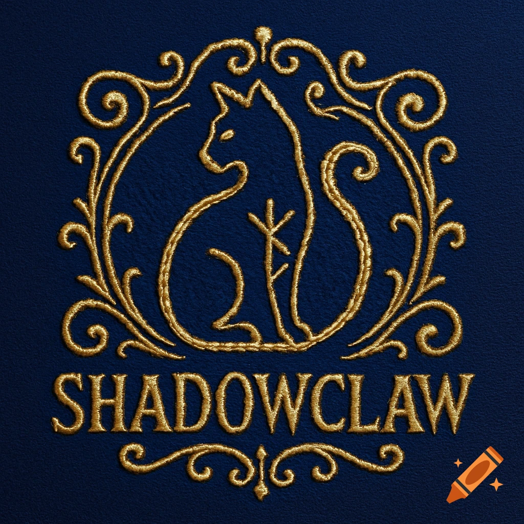 A gold embroidered logo featuring a stylized cat silhouette within ornate scrollwork, with the word "SHADOWCLAW" below, on a dark blue textured background.