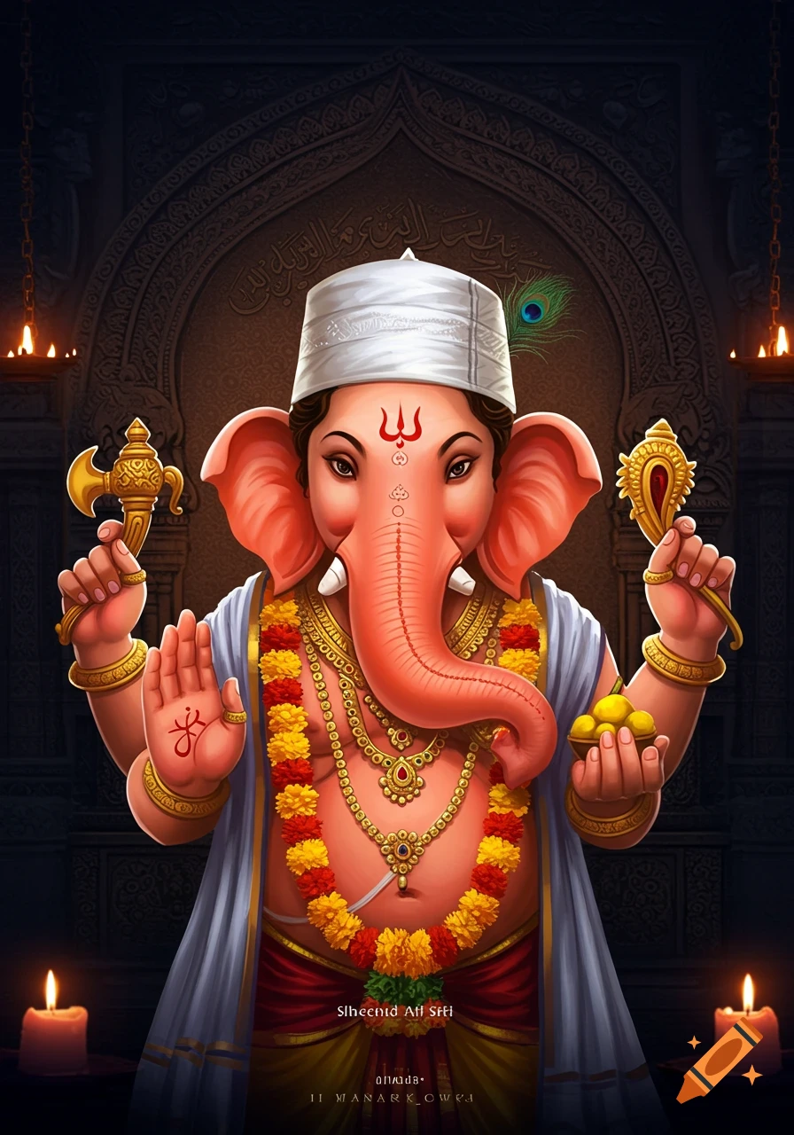 A stylized Lord Ganesha with a red trunk, wearing a white Islamic hat, holding an axe and sweets, adorned with garlands, against a dark ornate background with candles.