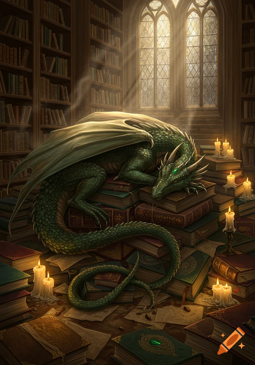 A majestic green dragon with large, light-colored wings sleeps peacefully atop a huge pile of old books in a grand, sunlit library, surrounded by lit candles.